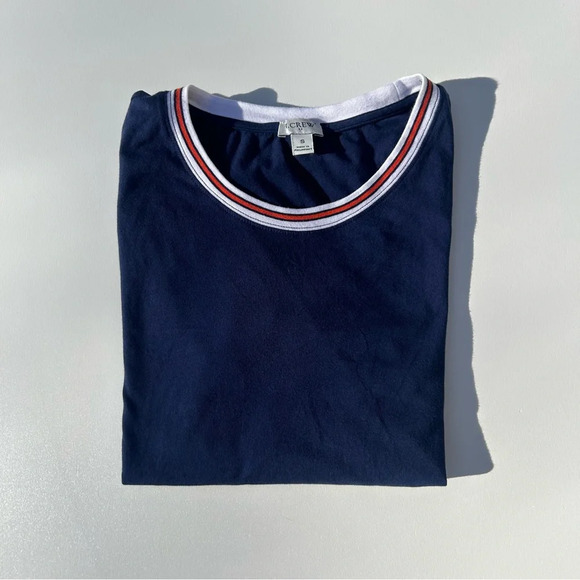 *J.Crew Navy Blue Crew Neck Tee Shirt with Red and White Lined Collar - S - Picture 4 of 12